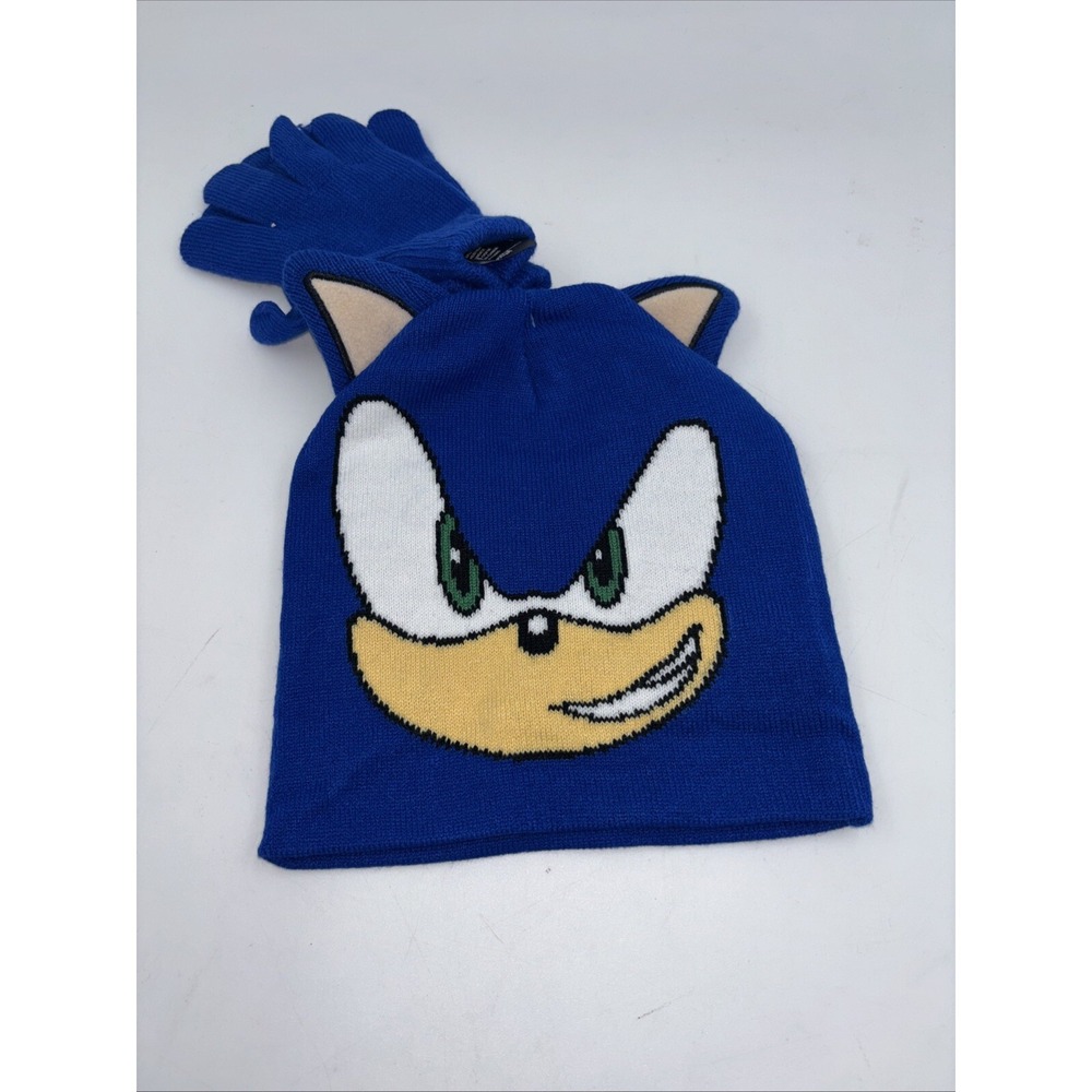 Sonic The Hedgehog Blue Kids Boys Winter Beanie Hat Gloves Set Authentic SEGA